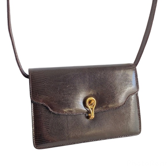 Vintage Gucci Lizard Skin Shoulder Bag Brown Reptile Purse Tigers Eye Clasp 80s - Picture 2 of 13